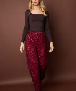 Wijde damesbroek met pailletten donkerrood