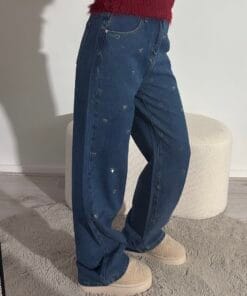 Wide leg jeans donkerblauw met hartjes