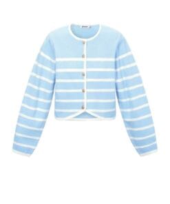 Alternative view of Lichtblauwe trui met gouden knopen en witte strepen